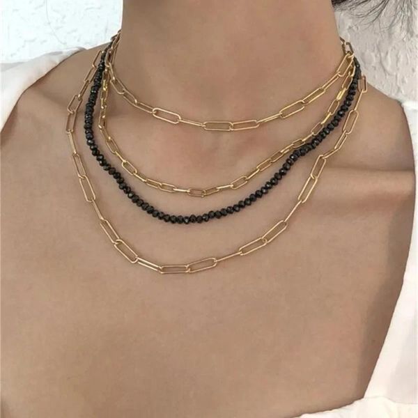 Collares colgantes LXY-W Moda Gargantilla multinivel Chapado en oro Punk Cadena gruesa Cadenas de piedra negra Collar para mujeres Boho Joyería vintage