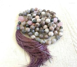 Colliers pendentif M60624334 Collier de perles Picaso Jaspers noué avec pompon en soie violette