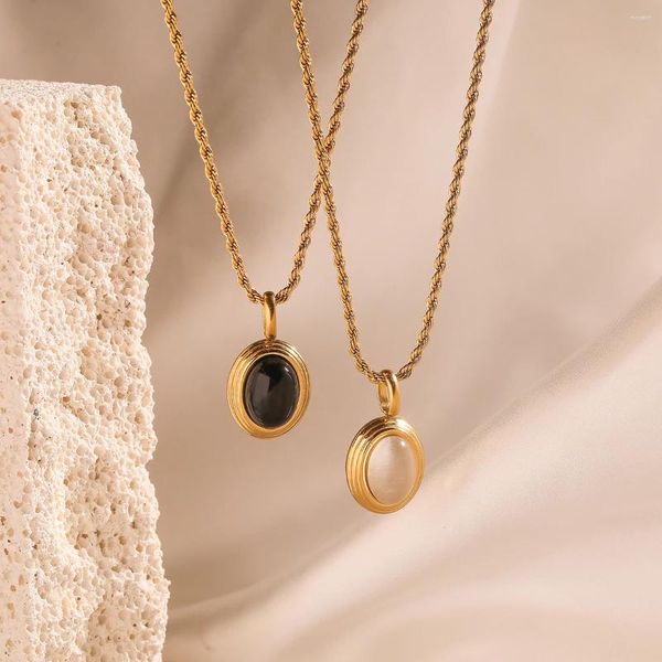 Collares colgantes Mafisar 316L Acero inoxidable Oval Negro Blanco Collar de piedra para mujeres Chica Vintage Cuello Cadena Joyería Lady Regalo de vacaciones