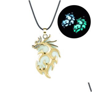 Anhänger Halsketten Magische Glühende Flamme Drachen Halskette Für Männer Frauen Glow In The Dark Leder Seil Kette Leuchtende Vintage Party Schmuck Dhv6X