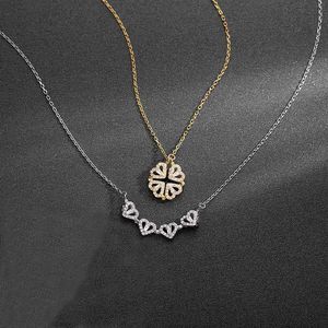 Colliers pendants aimant pliable 4 coeurs Collier de trèfle Véritable 925 Silver Silver Cumbic Zirconia CZ Pave Lucky Jewelry for Women 240410