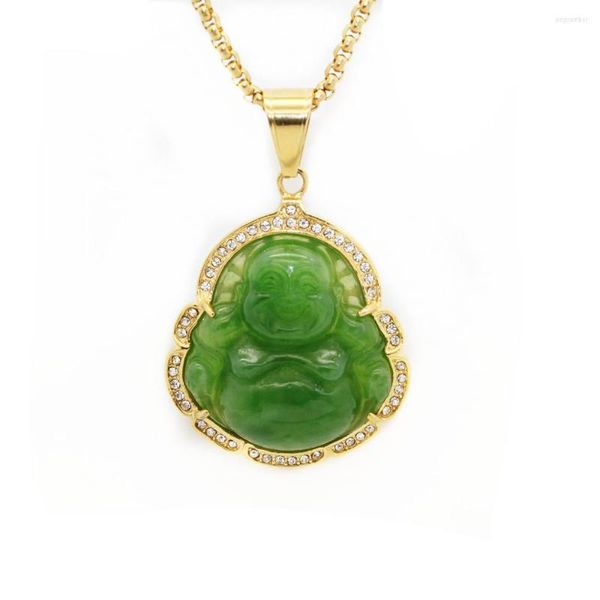 Collares colgantes Maitreya Buda Natural Green Jade Collar de acero inoxidable Charlón chino Tambillón Jadeite Amuleto Regalos para mujeres Hombres