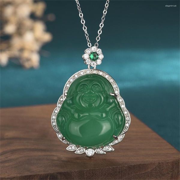Collares pendientes Maitreya Buda collar para Mujeres Hombres piedra verde rosa Natural gran barriga sonrisa cadena diamantes de imitación