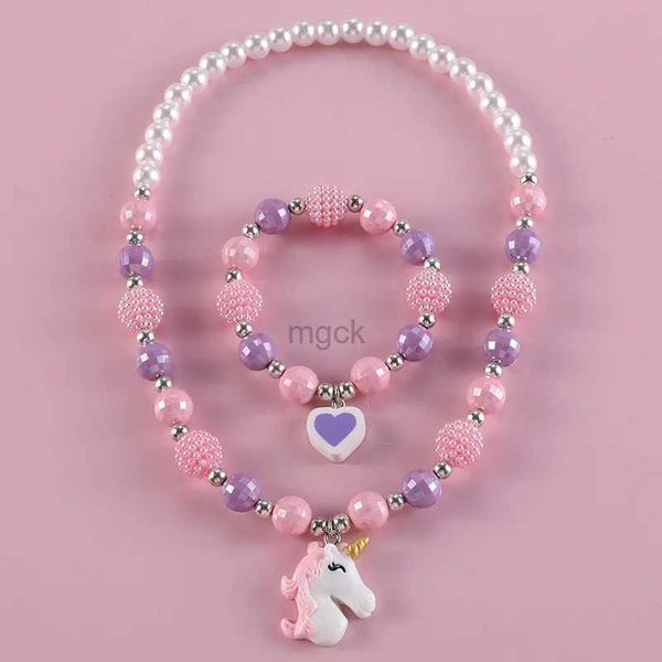 Collares colgantes Makersland Niños Dulce Collar Pulsera Conjunto Lindo Colgante Rosa Púrpura Con Cuentas Niñas Collar Cuentas DIY Joyería Al Por Mayor 240330