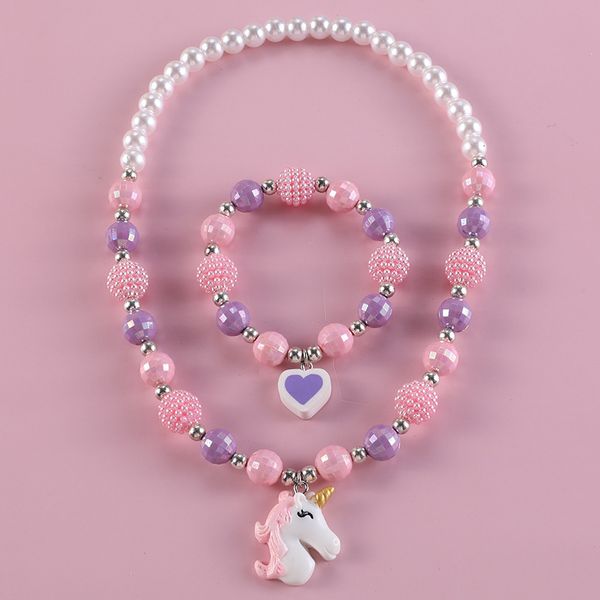 Pendentif Colliers Makersland Enfants Doux Collier Bracelet Ensemble Mignon Pendentif Rose Violet Perlé Filles Collier Perles DIY Bijoux En Gros 230808