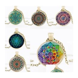 Pendentif Colliers Mandala Fleur De Vie Collier Vintage Bouddhisme Méditation Cabochon Verre Pierre De Temps Pour Femmes Hommes Mode Jewelr Dhwzf