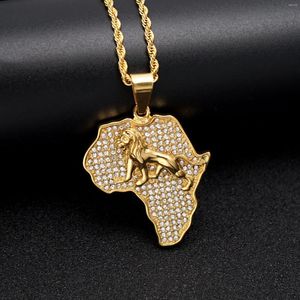 Pendentif Colliers Carte du collier hip hop africain 18 carats plaqué or Lion Charms Runk Strass Mens Bijoux Accessoires pour femmes Cadeaux