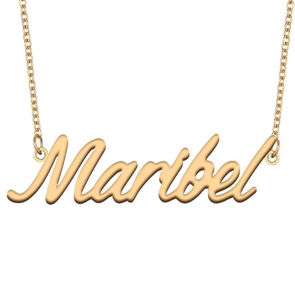 Pendentif Colliers Maribel Nom Collier pour femmes Bijoux en acier inoxydable 18 carats Plaqué or Plaque signalétique Femme Mère Petite amie CadeauPendant