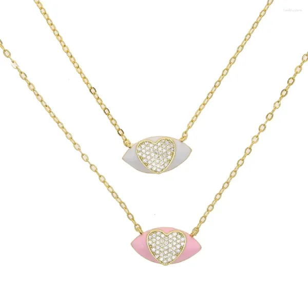 Collares colgantes Collar en forma de corazón de marquesa para mujeres pavimentadas de esmalte blanco rosa y 5A Cubic Zirconia Chapado en oro Color Joyería de moda