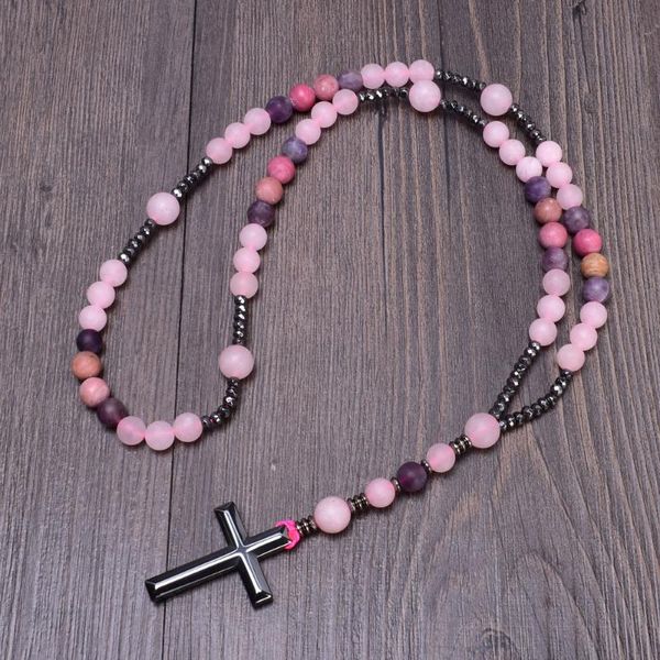 Pendentif Colliers Mat Rhodolite Rose Quartz Améthyste Perles Catholique Christ Chapelet Pour Les Femmes Hématite Croix Bijoux GiftPendant