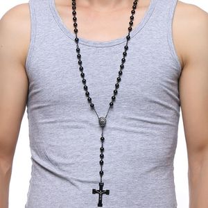 Pendentif Colliers Meaeguet 76 cm Chaîne Noir En Acier Inoxydable Perle Chapelet Jésus Christ Croix Long Charme Collier Pour HommesPendentif