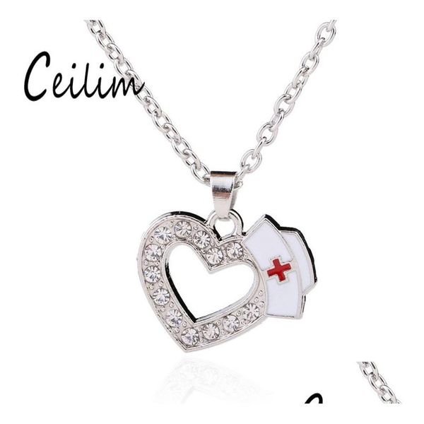 Collares pendientes Joyería médica Enfermera Cap Cristal Corazón Encanto Esmalte Cruz Regalo ideal para estudiantes de enfermería Entrega de gota Colgantes Dhwjl