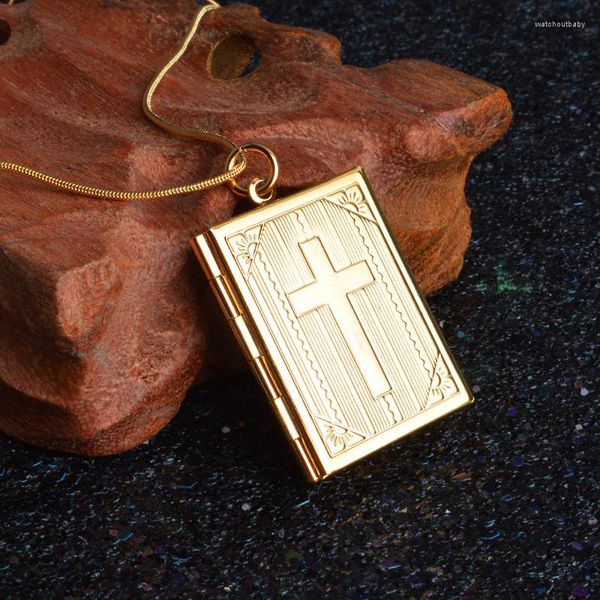 Collares pendientes Megin D Plata Chapado en oro Biblia Cruz Po Caja Collar Cadenas Collar Para Mujeres Hombres Pareja Amigo Regalo Joyería de moda