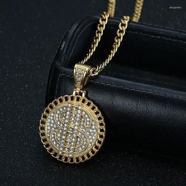 Pendentif Colliers Megin D Acier inoxydable Titane US Dollar Argent Riche Symbole Rond Hip Hop Collier Chaînes Collier Pour Hommes Femmes Bijoux