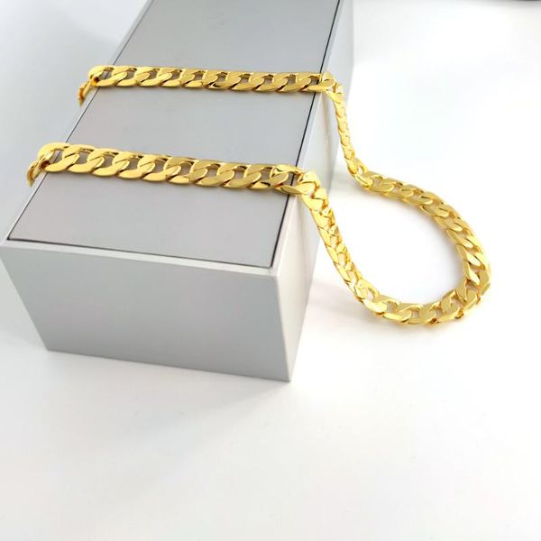 Collares pendientes Hombres 24 K Sólido Fino Oro GF Collar SQUARE CURB Link Chain Xmas Son Dad Logo Grave Stamp Sur Le Bijoux HEAVY 12MMPe