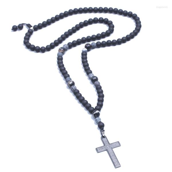 Pendentif colliers hommes noir mat Onyx collier de perles croix jésus prière pour femmes hommes Religion bijoux goutte