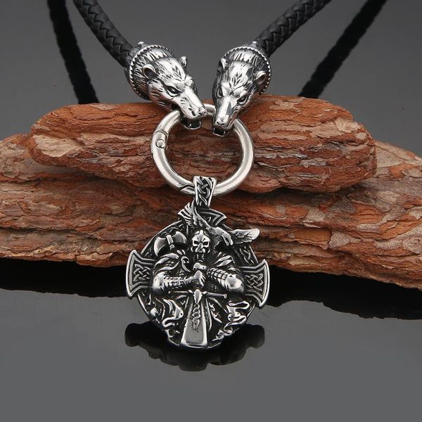 Colliers pendants vintage en acier inoxydable vintage viking odin rosova croix guerrier collier de corde noire