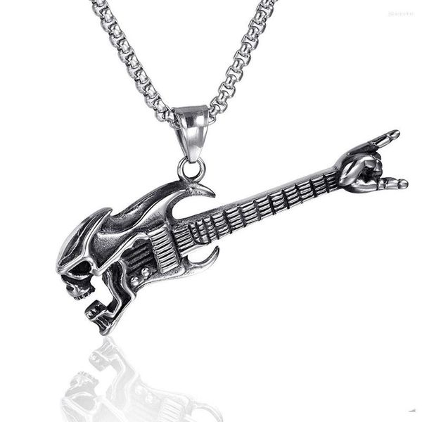 Collares pendientes Hombres y mujeres Collar punk Rock Skull Guitar Retro Instrumento de música Cadena de acero inoxidable Suéter Regalo