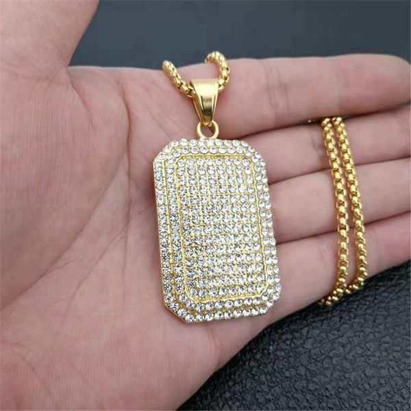 Pendentif Colliers Hommes Armée Style Or / Argent Couleur Pleine Strass Glacé Charme Carré Étiquette De Chien Collier Hip Hop Bling Bijoux