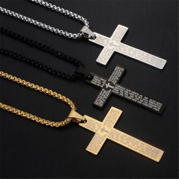 Pendentif Colliers Hommes Noir En Acier Inoxydable De Mode Prière Ras Du Cou Chrétien Jésus Écriture Croix Collier Pendentifs Chandail ChaînePendant