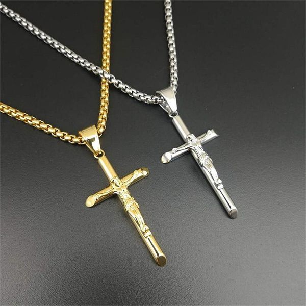 Collares colgantes hombres muchachos Jesús cruzado collar de acero inoxidable oro plata color cadena cadena religiosa cristiano joyería regalos