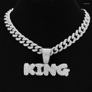 Collares pendientes Hombres Hip Hop KING Carta Collar con 12 mm Cristal completo Cadena de eslabones cubanos Iced Out Bling HipHop Joyería de moda