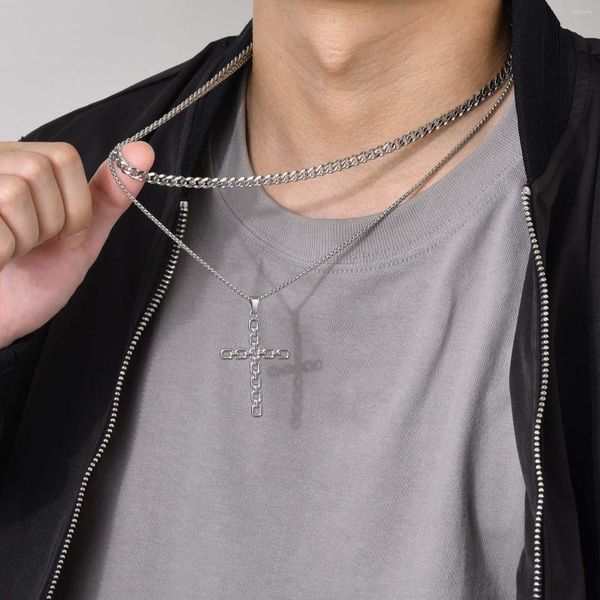 Pendentif Colliers Hommes Chaîne À Maillons Creux Croix Anti Allergie En Acier Inoxydable Prière Chrétienne Collier Religieux Bijoux