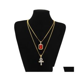 Collares colgantes Hombres S Egipcio Ankh Clave de la vida Conjunto de collar Bling Iced Out Cross Mini Gemstone Gold Sier Cadena para mujeres Hip Hop Dhzd6