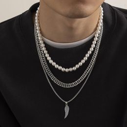 Pendentif Colliers Collier de perles multi-couches de plumes pour hommes Vintage en couches baroque japonais hip hop chaîne de pull