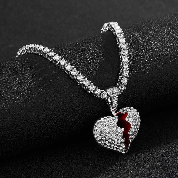 Pendentif Colliers Hommes glacé coeur brisé pendentifs colliers Bling pavé strass cristal chaînes de Tennis cubaines Punk charme bijoux pour femmes G230206