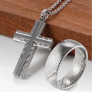 Colliers pendentifs bijoux pour hommes véritable collier de croix en acier de Damas avec chaîne ronde en acier inoxydable de 24 