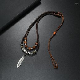 Hangerkettingen Herenketting Natuurlijk hout Antiek zilver Kleur Veer Leer Unisex Boho Boheems Lang