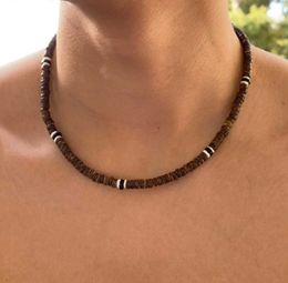 Colliers pendentifs Collier pour homme Perles de noix de coco naturelles Perles Heishi en coquillage naturel blanc et collier de surfeur en perles de bois noir J230601