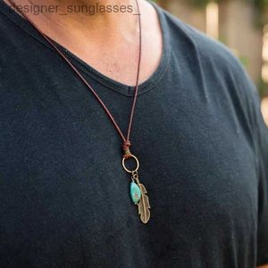 Hangerkettingen Herenketting Turkoois Antiek Koperen Veer Leren Ketting Unisex Boho Leren Ketting Boheemse Lange KettingL231218