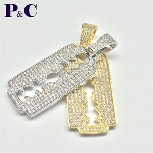 Collares colgantes Collar de hoja de afeitar para hombres Color dorado Cubic Zircon Hip Hop Joyería con cadena de cuerda para niños Gift236G