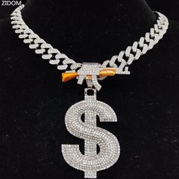 Pendentif Colliers Hommes Femmes Hip hop Dollar et Gun Forme Pendentif Collier avec 13mm Cubain Chaîne Hiphop originalité Colliers mode Charme bijoux 230608