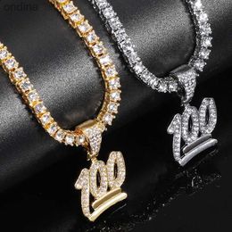Pendentif Colliers Hommes femmes Hip Hop numéro 100 pendentif collier avec 4mm Zircon Tennis chaîne glacé Bling colliers HipHop bijoux mode cadeau YQ240124