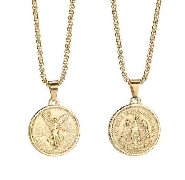 Collares colgantes Hombres Mujeres Italia Final de oro Redonda Baguette Baguette Monedas mexicanas Centenario mexicano Moneda 50 Pesos9516712