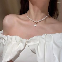 Pendentif Colliers Mengjiqiao coréen élégant collier de perles d'eau douce pour femmes filles délicate Zircon coquille papillon tour de cou bijoux de mariage