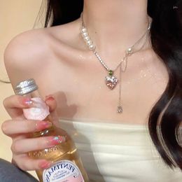 Pendentif Colliers Mengjiqiao coréen doux rose zircon amour fleurs collier goutte d'eau pour femmes filles perle chaîne collier clavicule mariage