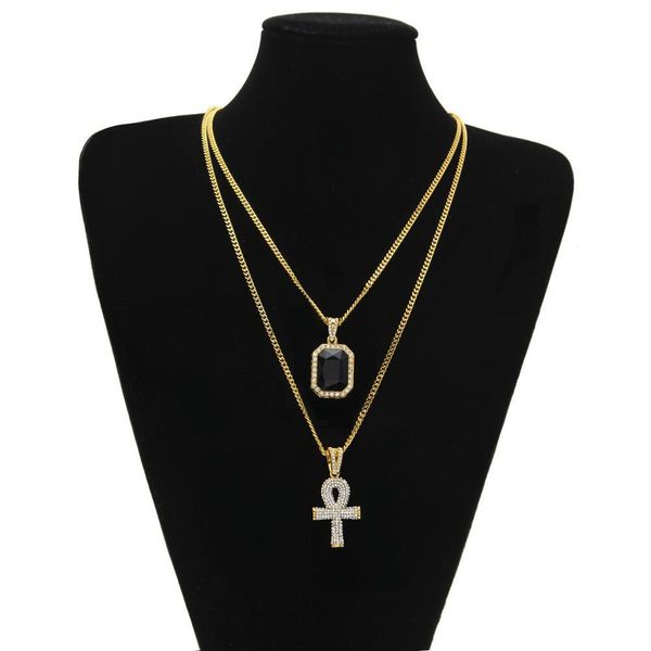 Pendentif Colliers Hommes Égyptien Ankh Clé De Vie Collier Ensemble Bling Glacé Croix Mini Pierre Précieuse Or Sier Chaîne Pour Femmes Hip Hop J Dhadx