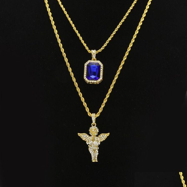 Collares colgantes para hombre Hip Hop Conjuntos de joyas Mini Square Ruby Sapphire Fl Crystal Diamond Angel Wings Cadena de oro para hombre Hiphop Drop D DHBWY