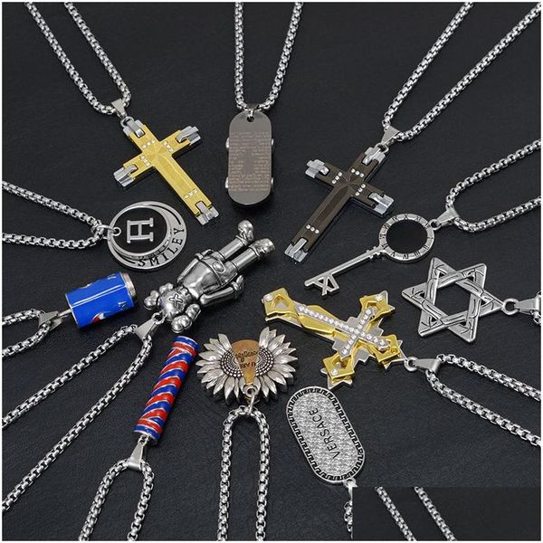 Pendentif Colliers Hommes Hip Hop Pendentif Bijoux Titane Acier Chaîne Colliers Croix Chaussures Plume Clé Lettre Design Charme Mode Wome Dhke9