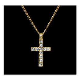 Collares pendientes para hombre Iced Out Cross para mujer Hip Hop Bling Crystal Crucifix Gold Sier Chains Rapper Hiphop Jewelry Gift Drop Deli Ot46D