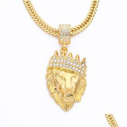 Pendentif Colliers Hommes Glacé Lion Tête Collier Bling Cristal Animal Or Longues Chaînes Pour Femmes Hip Hop Bijoux Drop Livraison Penda Dhbu9