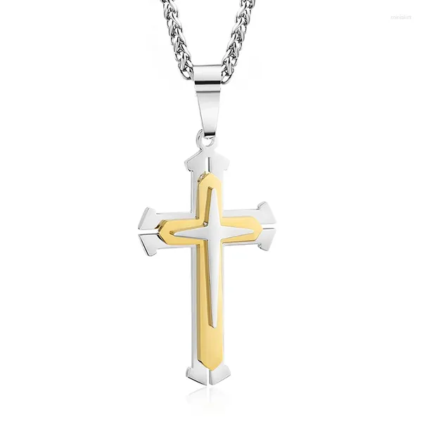 Collares colgantes para hombre religioso de acero inoxidable multicapa cruz adolescente niños color plata collar cadena hip hop rock joyería regalos