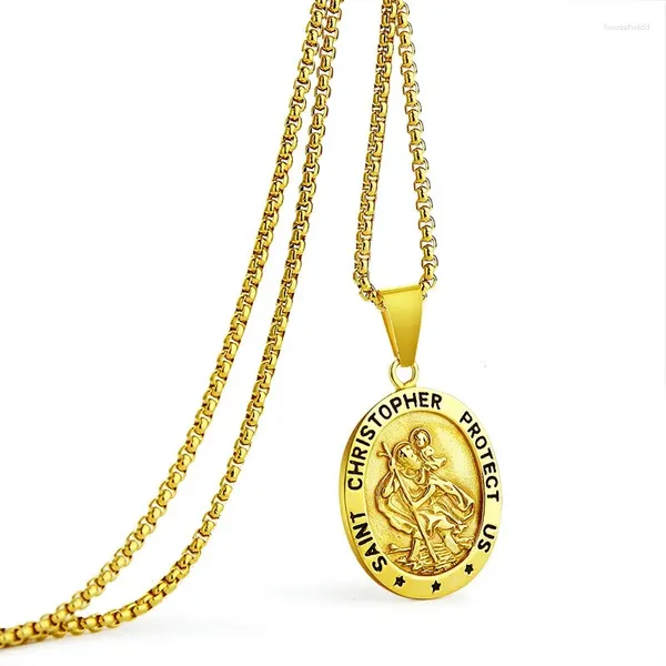 Collares colgantes Collar de San Cristóbal para hombre Acero inoxidable Chapado en oro Patrono católico St Medalla Joyería Medallón de viajero