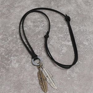 Hanger kettingen metalen veer ketting voor mannen sieraden vintage handgemaakte gevlochten verstelbaar bruin zwart lederen touw