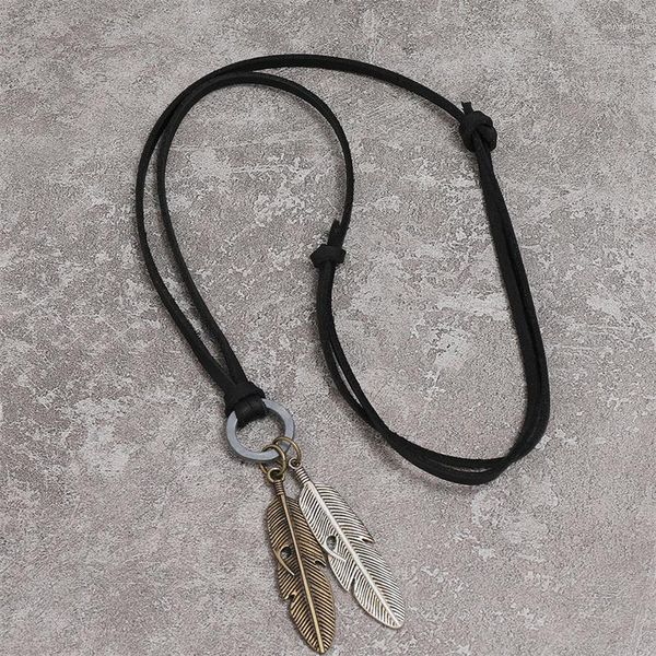 Pendentif Colliers En Métal Plume Collier Pour Hommes Bijoux Vintage À La Main Tressé Réglable Marron Noir Corde En Cuir