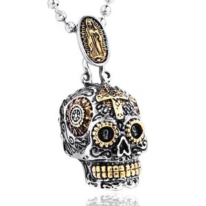 Pendentif Colliers Mexicain Grand Crâne De Sucre Vert Cristal Collier Vintage Or Argent Couleur Punk Biker Pour Femmes Hommes BijouxPendentif